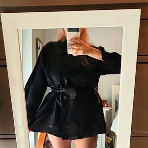 Vintage Black Satin Mini Short Trench Dress
